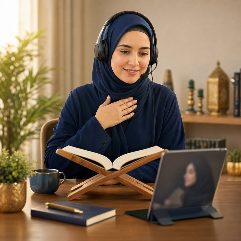 متعلّمة تتدرب على تلاوة القرآن في برنامج التجويد العملي